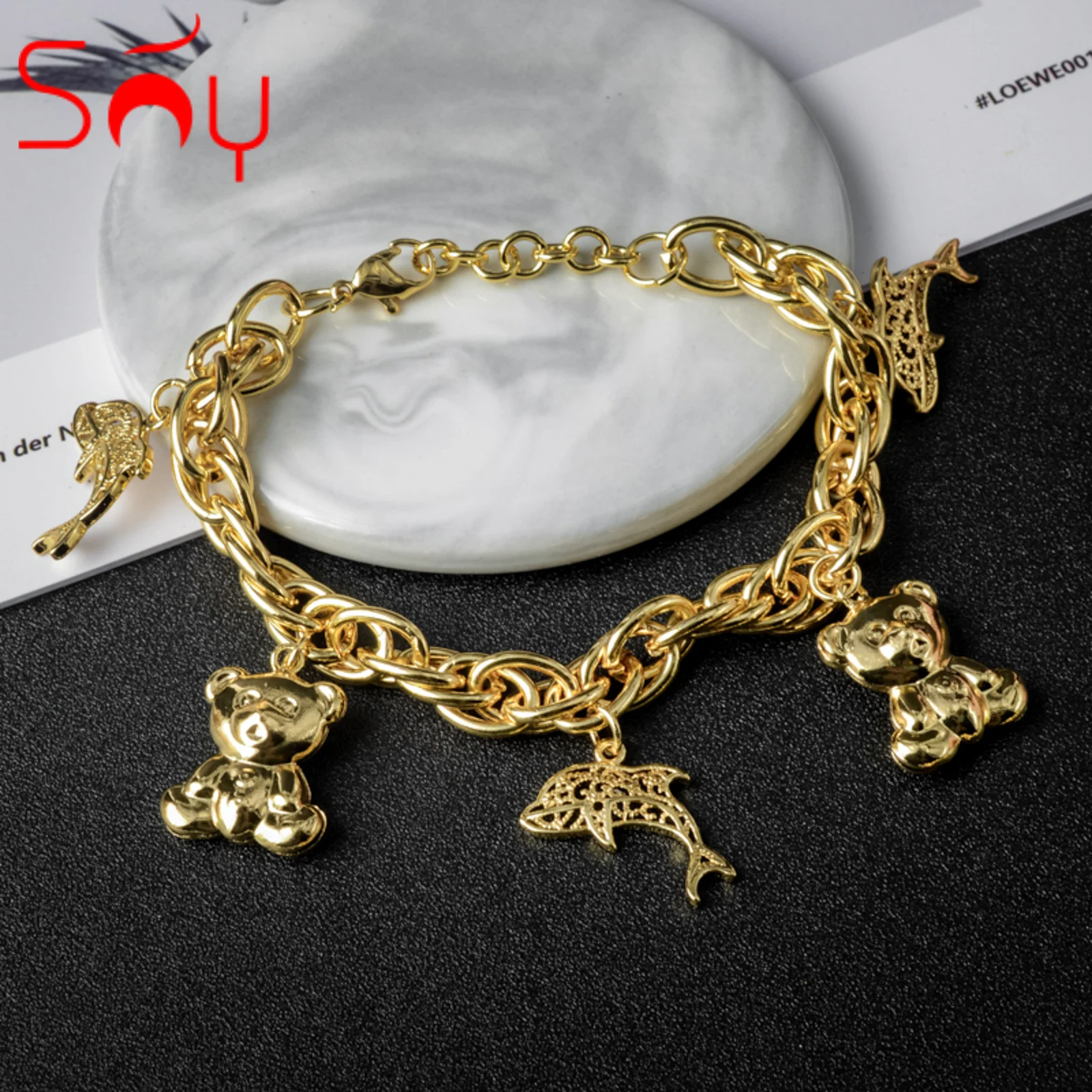 Sunny Jewelry-Pulseras con dijes para mujer, brazalete de alta calidad con diseño de oso de peluche y pez, a la moda, para regalo de compromiso