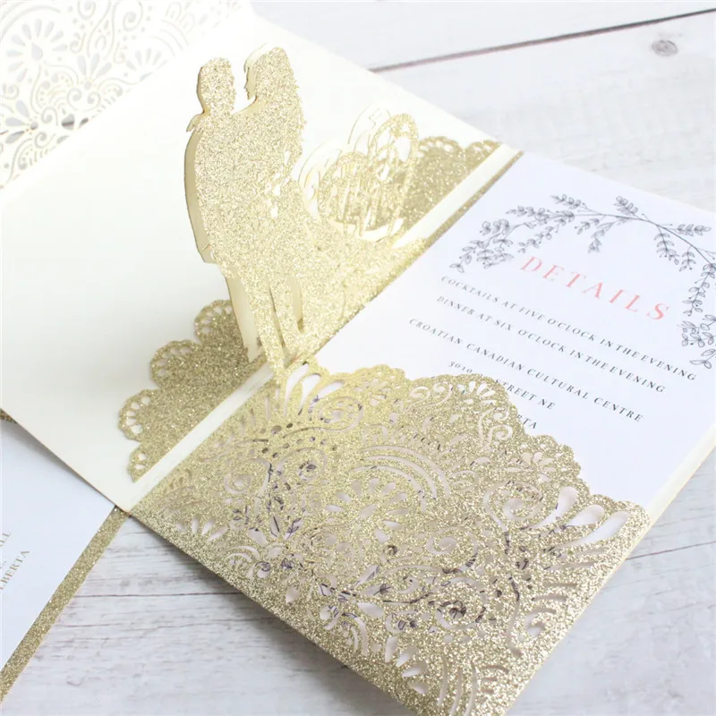 Роскошные 3D всплывающие Пригласительные открытки Блестящий золотистый