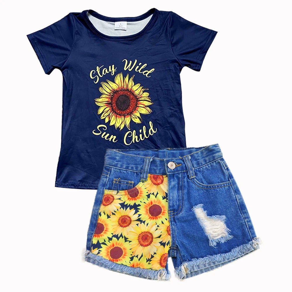 

New arrival milk silk top denim shorts 2pcs set baby girl summer boutique clothes wholesale