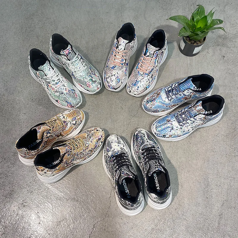 

Snake Skin Colorful Sneakers Women Sequin Casual Shoes Top Designer Platform Shoes Ladies Vulcan Shoes