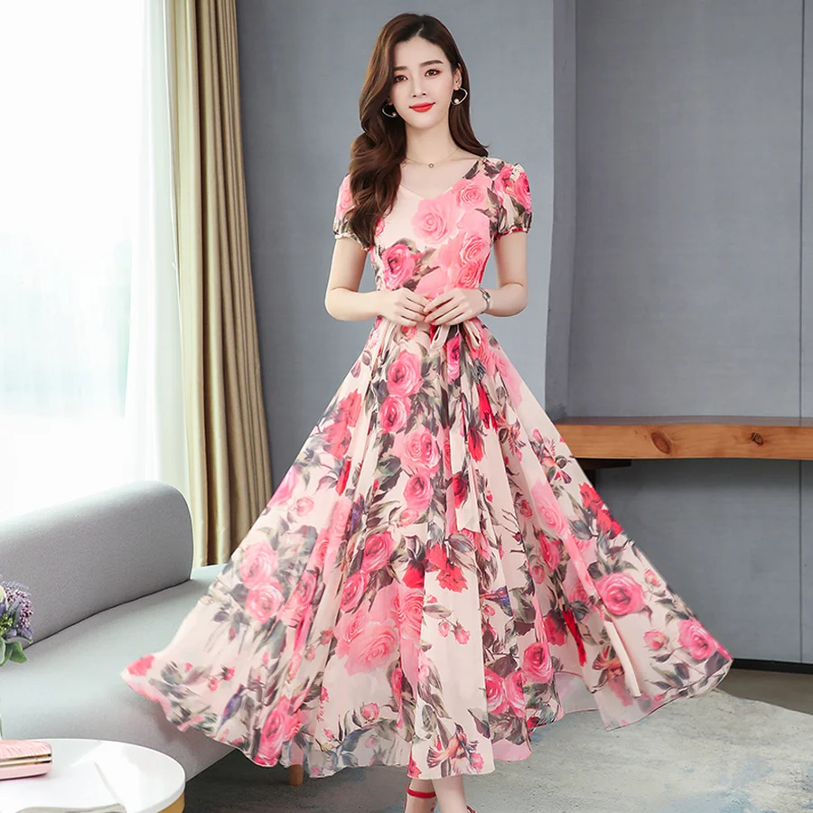 

2022 Elegant Pink Floral Chiffon Midi Dresses Spring Summer 4XL Plus Size Vintage Runway Maxi Dress Women Bodycon Party Vestidos