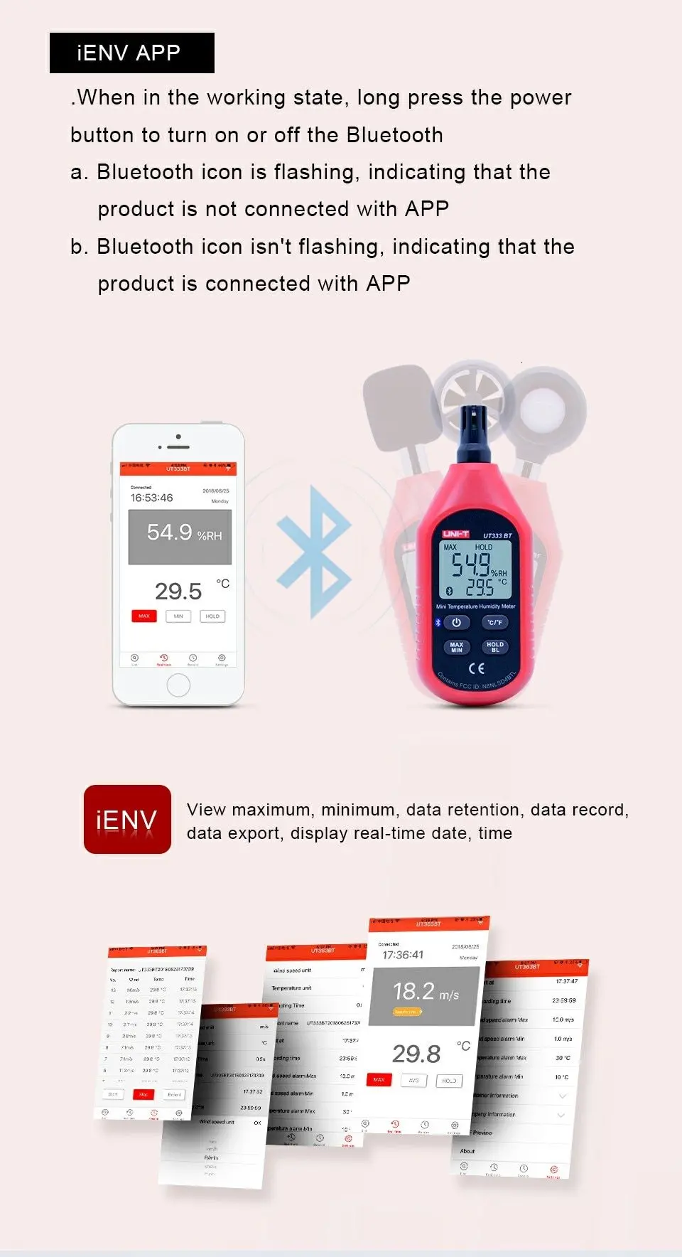 UT333BT цифровой измеритель влажности UT363BT мини Анемометр UT383BT осветитель UT353BT цифровой измеритель звука/Подключение Bluetooth