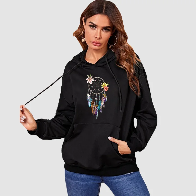 

Толстовка женская с капюшоном, модный белый Повседневный пуловер с принтом Ловца снов, хлопковый свитшот в стиле Харадзюку, черный, на осень