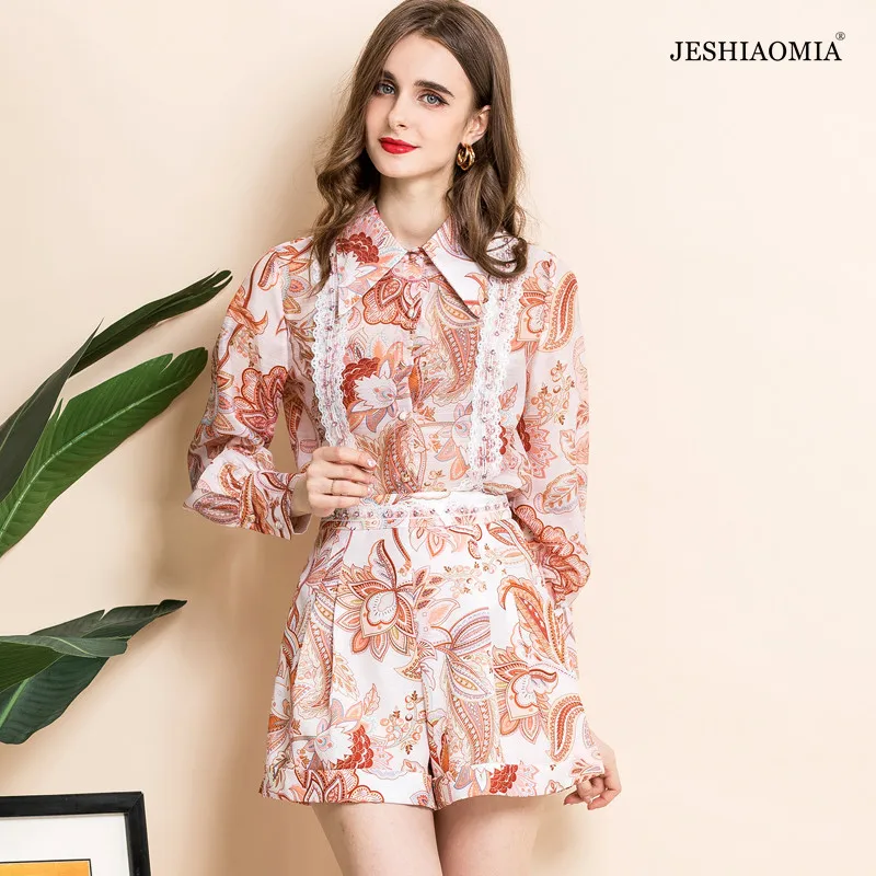 

JESHIAOMIA- 2021 летний кружевной лоскутный топ с цветочным принтом и шорты
