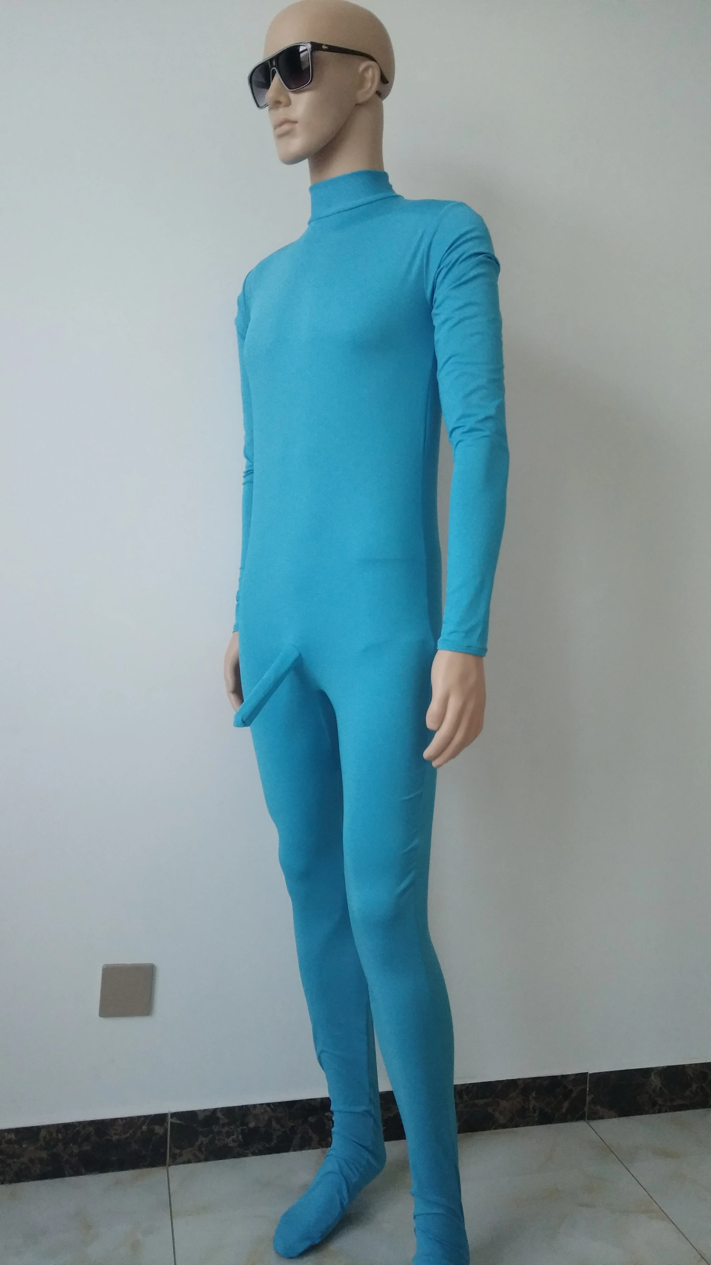 Новый соблазнительный мужской комбинезон кошка цвета озера синего из спандекса