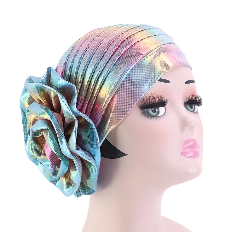 Новая модная Лазерная женская шляпа с большим цветком хиджаб тюрбан шапка