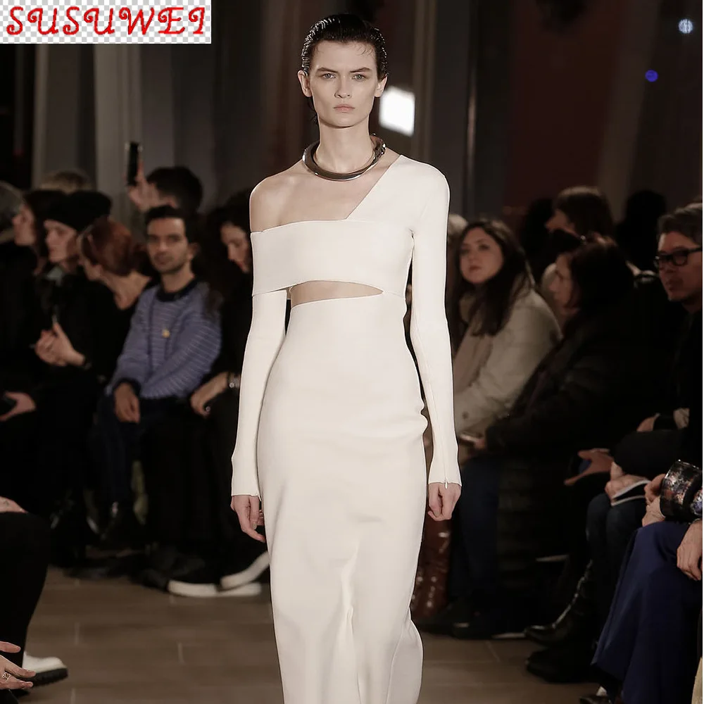 

HIGH QUALITY White Bandage Dress High Waist Slim Stretch Off the Shoulder Party Knit Long Dress Women Spring 2021 New Clothing