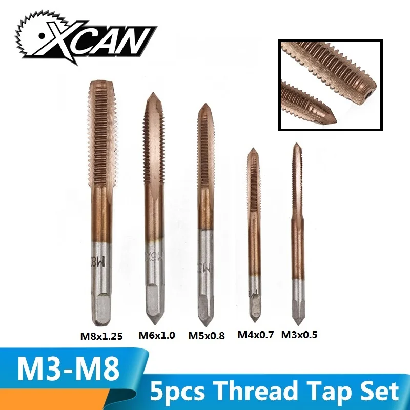 XCAN 5 шт. M3/M4/M5/M6/M8 ticncoated набор резьбовых нарезок Srew Отверстие Сверло прямая флейта резьбовые краны набор сверл