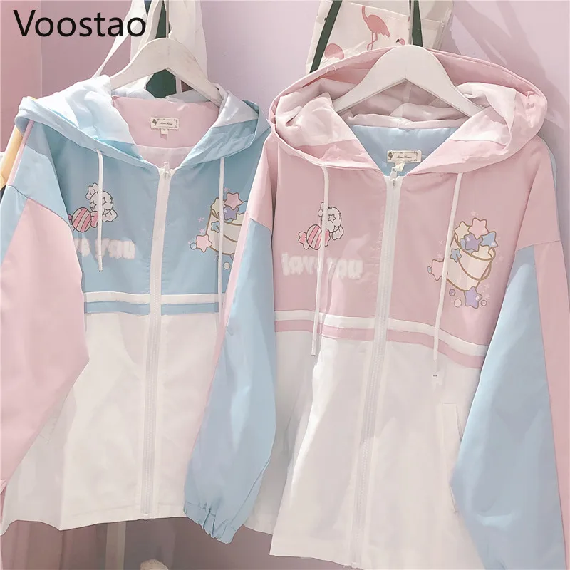 

Spring Autumn Sweet Cartoon Candy Print Jackets Women Ropa De Mujer Coats Korean Harajuku Cute Contrast Color Hooded Outwear