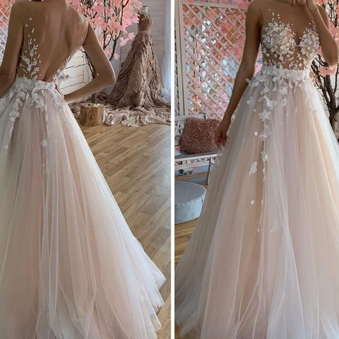 Wedding Dress Flowers For Women A-Line Deep V-Neck Appliques Sleeveless Illusion Tulle Floor Length Bridal Gowns Custom Made