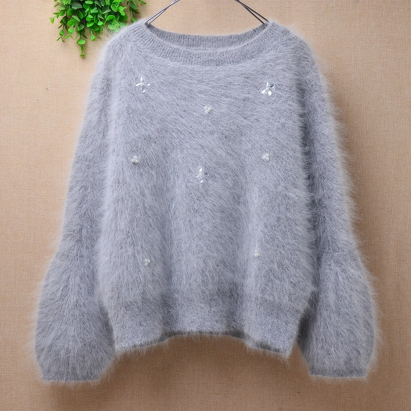 

ladies women cute fashion hairy fluffy mink cashmere knitted beaded long puff sleeves loose pullover angora fur jumper sweater
