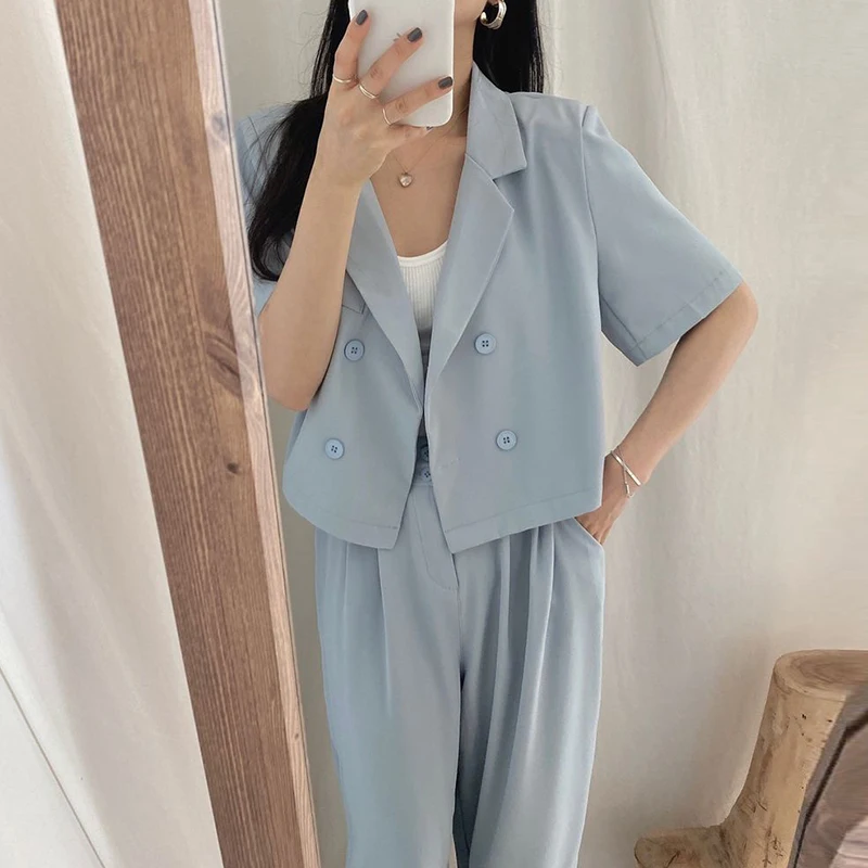 

Women Sets 2021 Korea Temperament Lapel Double Row Short Sleeve Blazer And High Waist Loose Wide Leg Pants Pants Suit