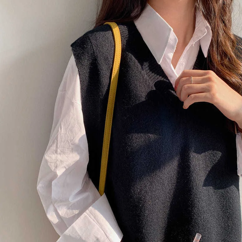 

Sweater Vest Women Solid V-neck Loose Casual Simple Classic Elegant Office Ladies Vests Ulzzang Chic Leisure Female Knitting