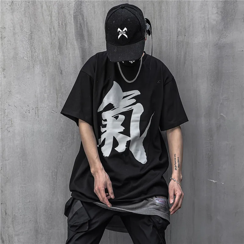 

Embroidery Hip Hop Punk Harajuku TShirts Men Chinese Character Print Cotton Loose Streetwear Shirts Summer Casual T-Shirts Tops