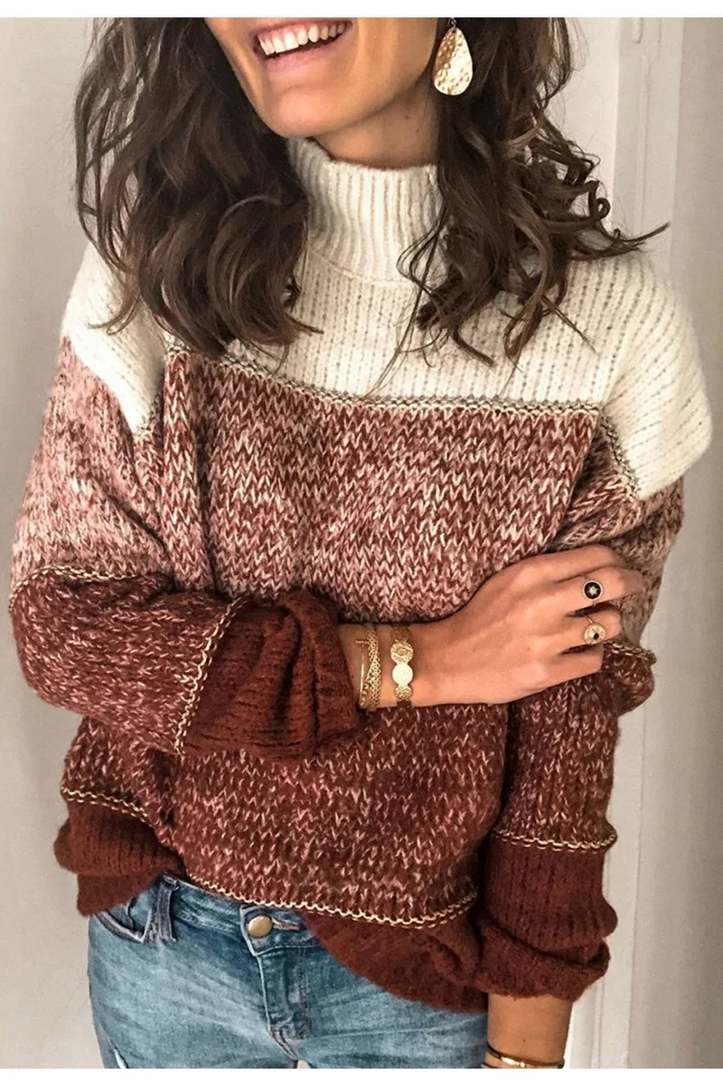 Color-block Colorful Striped Sweater Women Casual Sweaters Autumn Winter Turtleneck Knitwear Loose Pullovers Jumper Pull Femme | Женская