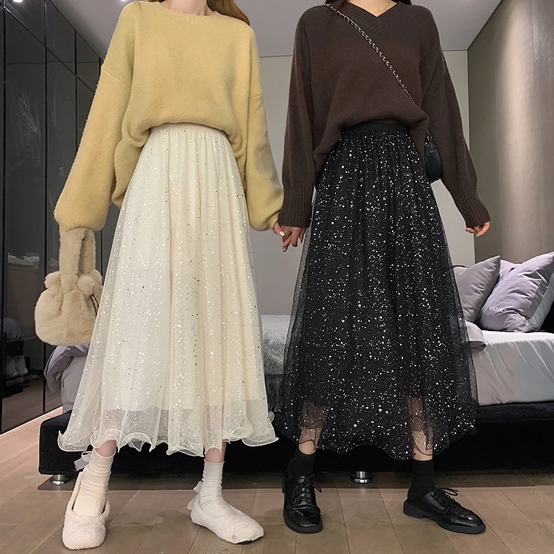 

Star Bling Bright Summer Long Skirts Women Elastic Waist Korean Casual Ankle-length Sweet Vintage Mesh Skirt Harajuku Loose Z338