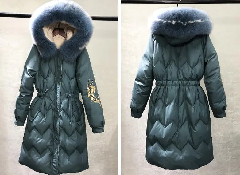Пуховик с лисьим меховым воротником, Женское зимнее пальто,, с капюшоном, тонкая длинная парка на 90% белом утином пуху, пальто, теплая зимняя верхняя одежда с вышивкой
