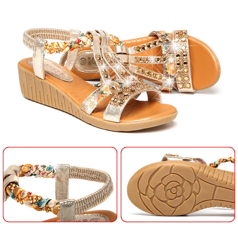 

Women's Sandals Summer Bohemia Thick Platform Wedge Shoes Crystal Gladiator Rome Woman Beach Casual Elastic Band Female 2021