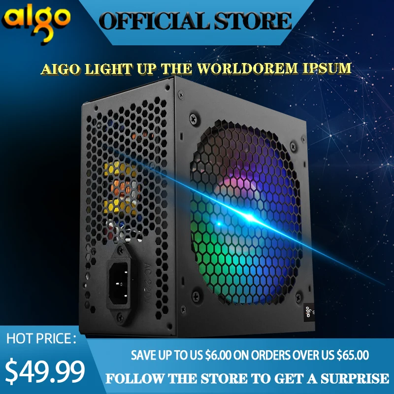 aigo max 600w pc psu power supply unit mute gaming quiet 120mm rgb fan 24pin 12v atx desktop computer power supply for btc free global shipping