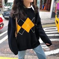 jessic geometric pattern fashion basic hit casual regular 2020 female women long sleeve all match college wind hit sweaters