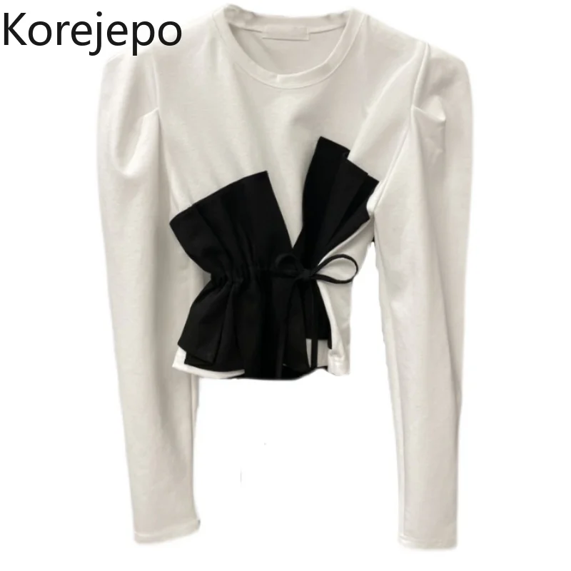 

Korejepo Korean Chic Top Women 2021 New Autumn Winter Fashion Design Round Neck Lace Up Stitching Fake Two Slim Fit T-shirts