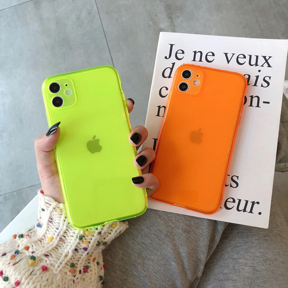 Чехол для IPhone 12 11 Pro XR X XS Max 7 8 6s Plus Se2020 неоновый флуоресцентный однотонный чехол