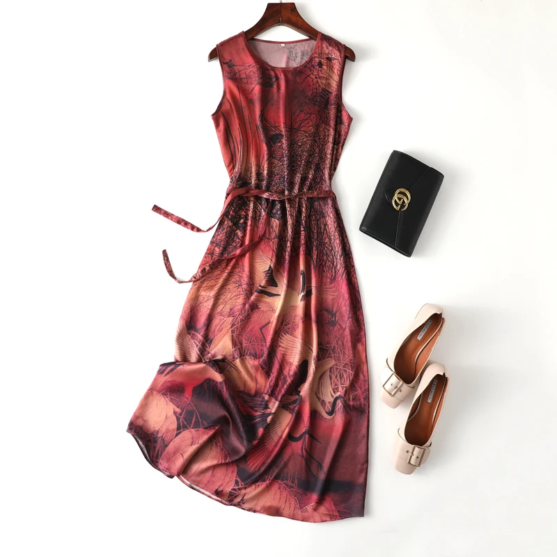 

SuyaDream Woman Mid Dress 19mm Silk Satin Printed Sleeveless Sashes Dresses 2021 Spring Summer Dresses