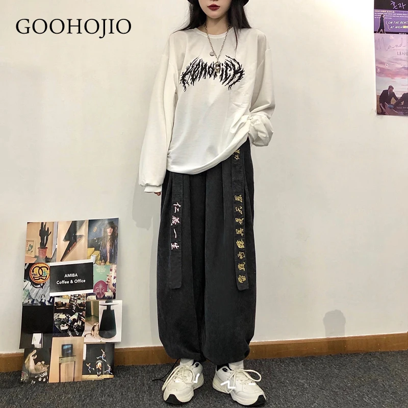 

GOOHOJIO 2021 New Spring and Autumn Embroidery Pants Women Oversizrd Chic Casual Women Trousers Loose High Waist Pant for Couple