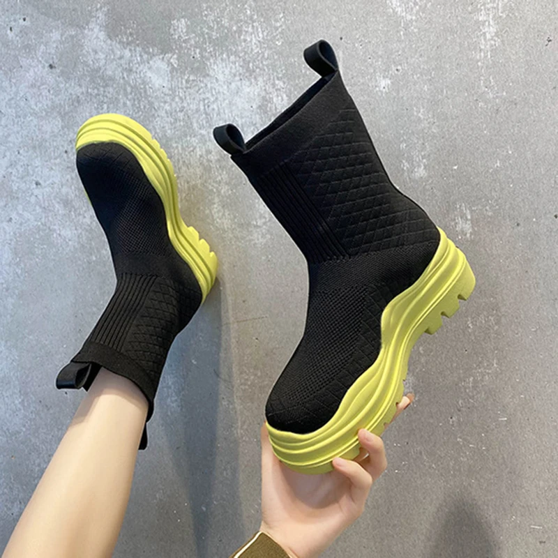 

Новинка Зима 2022, парные Туфли-носки, женская повседневная обувь на толстой подошве, большие размеры, сетчатые, красные, вязаные, черные, коро...