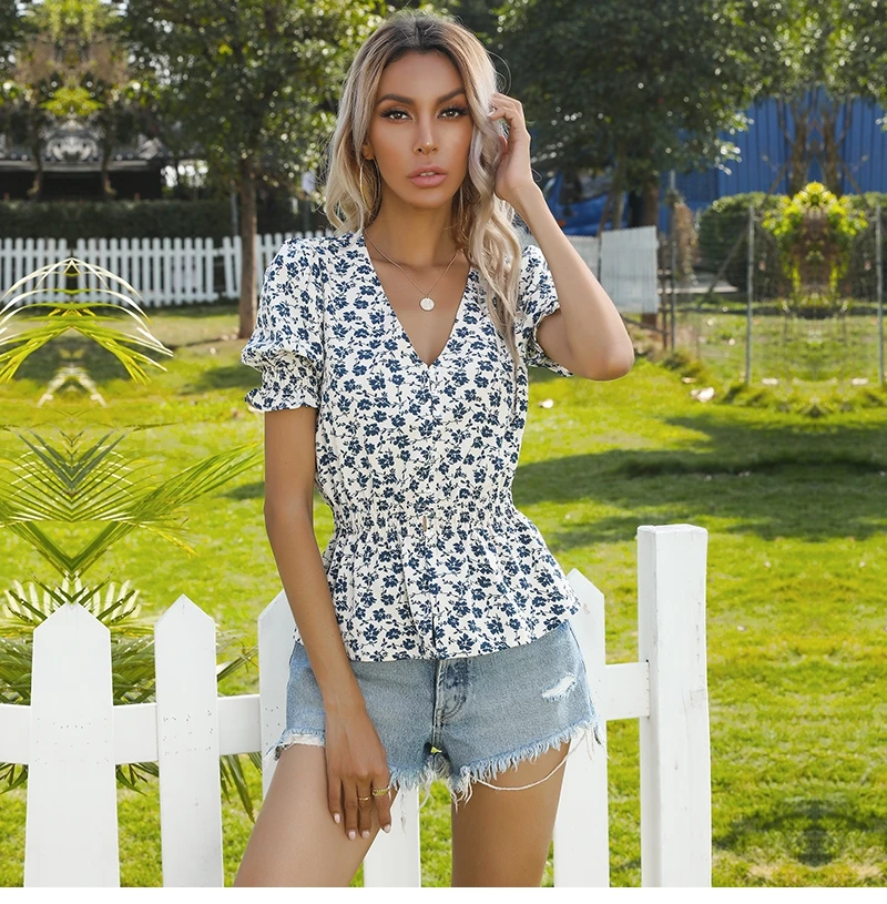 

2021 Spring Summer New Female Tops Fashion V Neck Flared Short Sleeve Printed Chiffon Waist Floral Blouses for Women