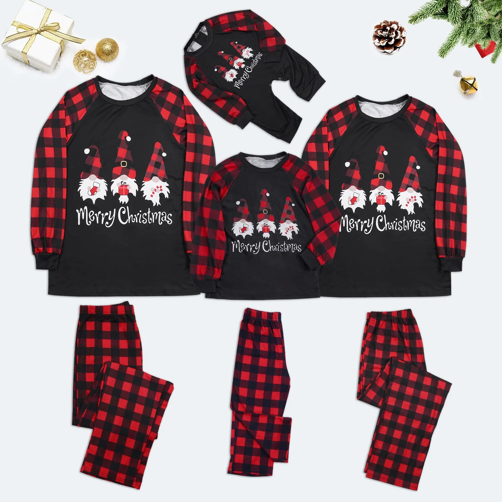 

Family Matching Christmas Pajamas Set Plaid Sleeves Cute Pattern Printing Festival For Adults & Kids Parent-Child Outfit set HOT