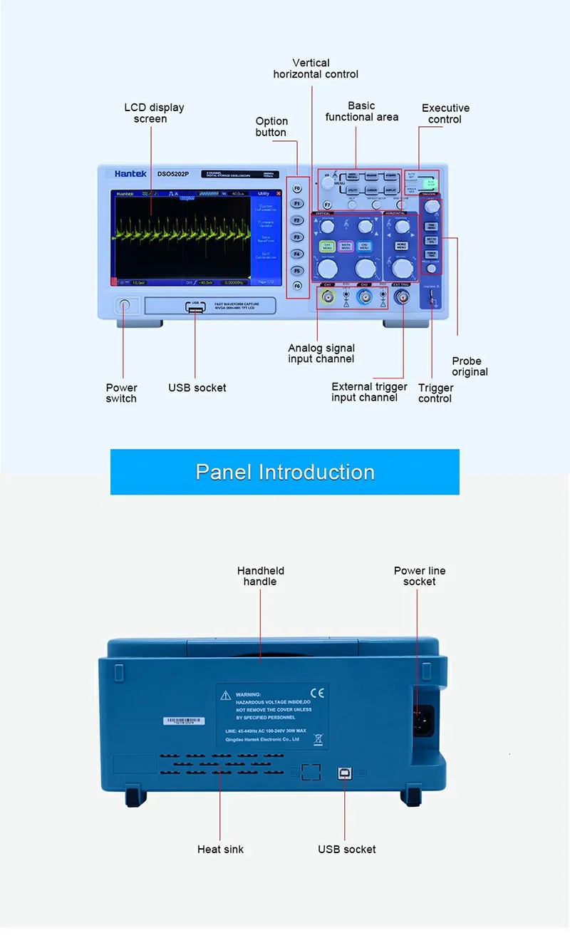 Hantek DSO5202P цифровой осциллограф 200 МГц 2 Каналы 1GSa/s в режиме реального времени
