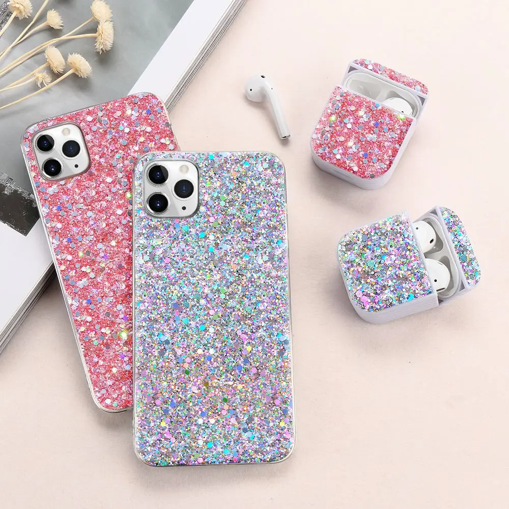 Чехол для IPhone 12 Mini 11 Pro Xr Xs Max X 8 7 Plus 6 6s 5 5s SE 2020 с блестками чехол Apple Airpods 1 2 |