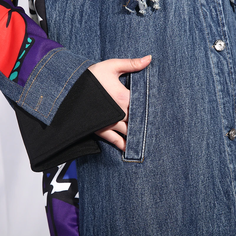 

Lapel Female New Printed Spring Cowboy Split Joint Loose Long Plus Size Loose Denim Jacket Women Coat Fashion Tide Jeans