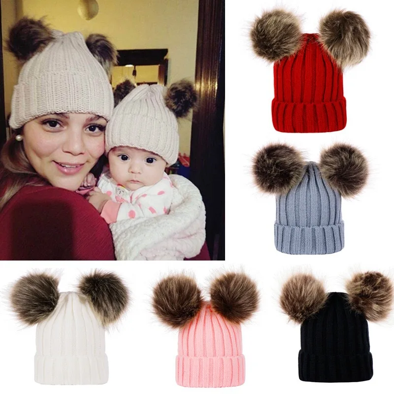 

Mother Baby Winter Warm Knitted Hat Parent-child Caps Infant Baby Hat with Double Fur Ball Newborn Beanie Cap for 0-3T Baby