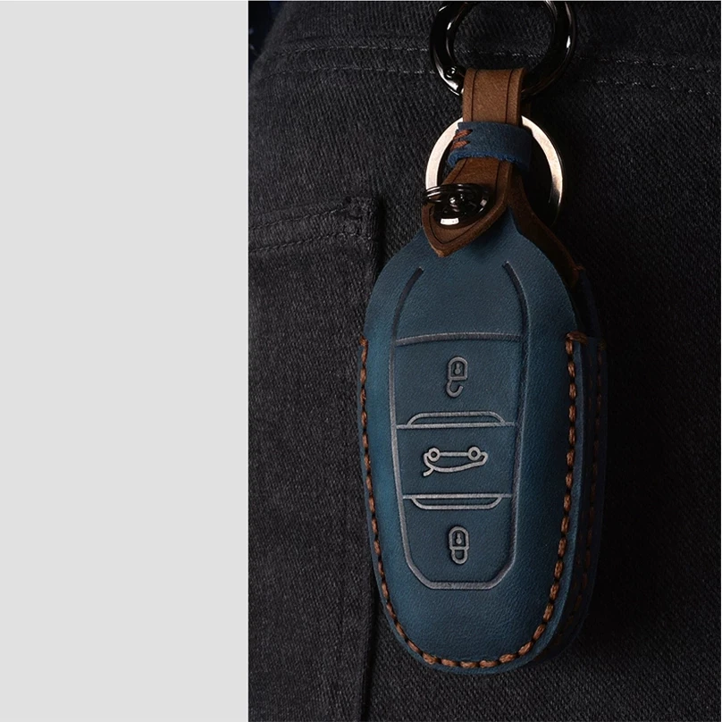 

Retro Handmade Genuine Leather Smart Car Key Cover Case Bag For Peugeot 408 4008 5008 308s Remote Car Key Protector