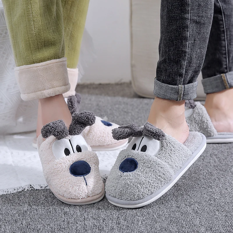 

2021 Autumn New Men's Cotton Slippers Warm Cute Cartoon Dog Couple Slippers Indoor Soft Bottom One-Word Cotton Slippers Women