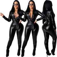 Long Sleeve Faux Leather Jumpsuit For Women Streetwear Bodycon Outfits Club Party PU Jumpsuits Belt Long Pants Rompers Overalls 1