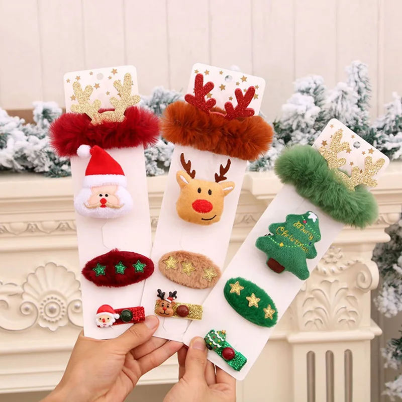 

4Pcs/set Christmas Plush Hair Headdress Clip/Antler Hairpin/Santa Barrette Clips For Kids' Gifts Hair Styling Tools