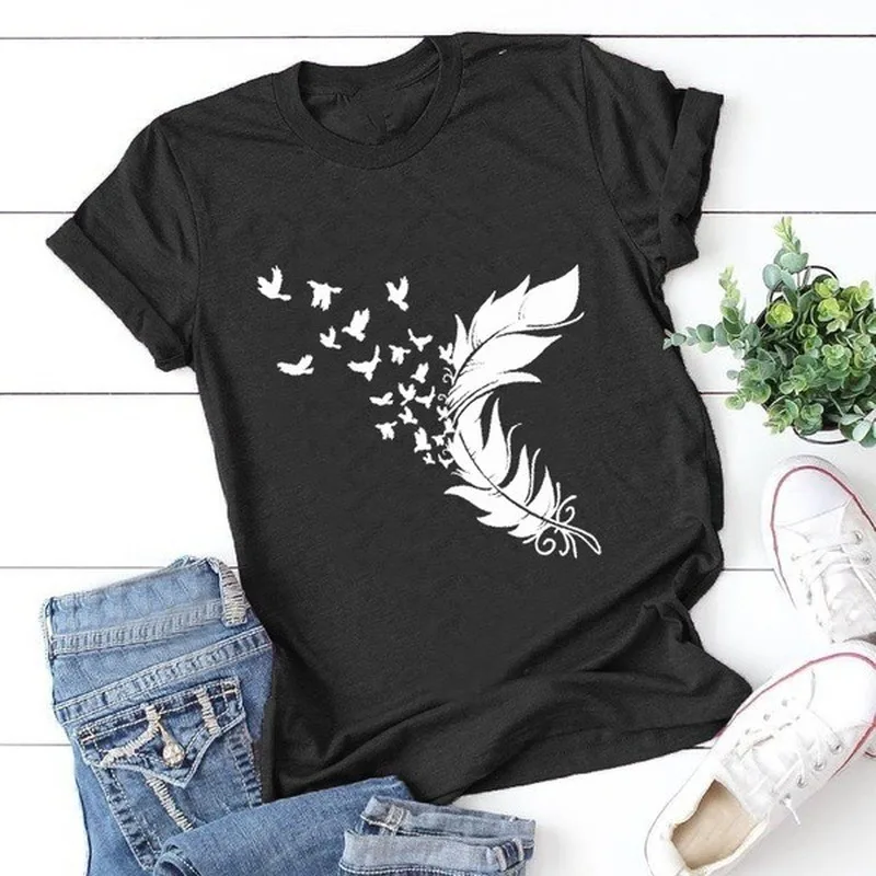 

Funny Printed Feather T-shirt Women Short Sleeve Summer T Shirt Tees Camiseta Mujer High Quality 2021 Women Tops Clothes