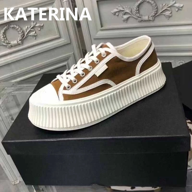 

Lace-Up Canvas Sneakers Thick-Soled Women's Platform Canvas Shoes Genuine Leather Brand Shoes Casual Shoes for Women Girls
