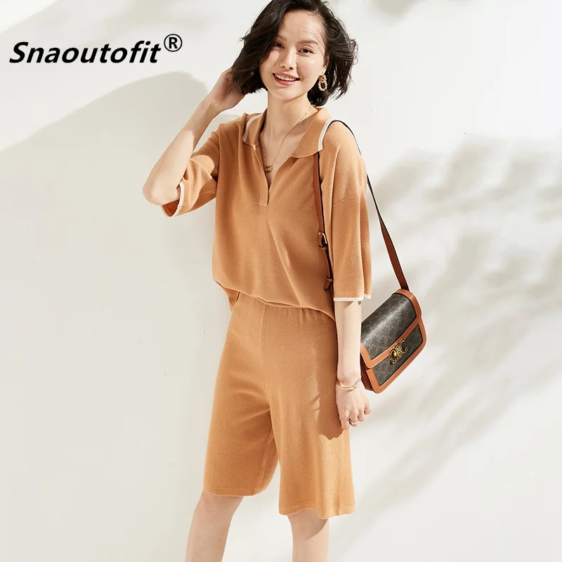 Summer Simple Casual Suit Thin Section Polo Collar Pure Wool Sweater Knitted T-Shirt Shorts Sports Two-Piece Female
