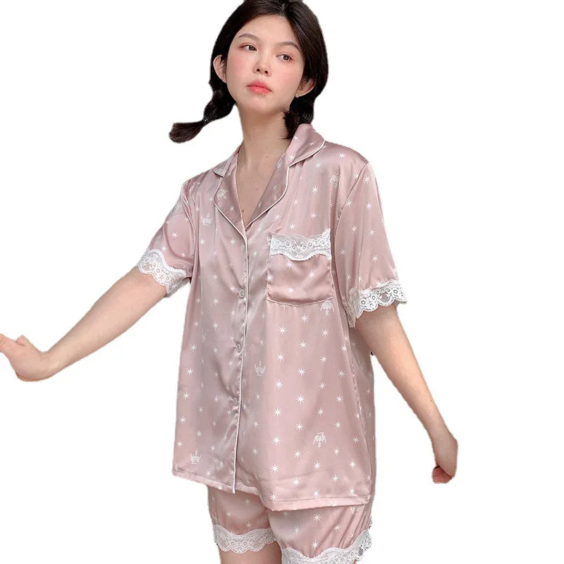 

Women's pajamas2021 pajamas women spring and summer new star short-sleeved two-piece suit ice silk pajamas silk home pajamas