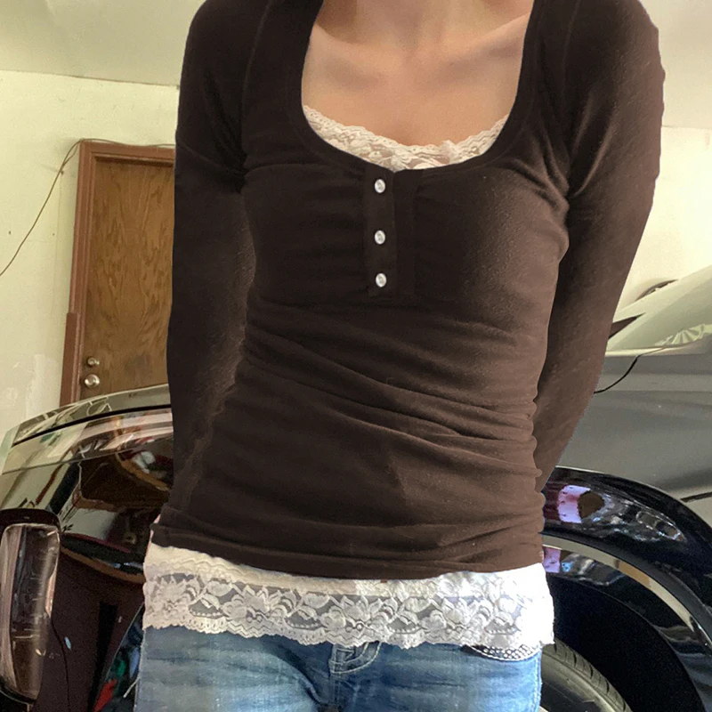 

Милая женская футболка Y2K с длинным рукавом, Сексуальная рубашка в стиле пэчворк, базовая облегающая блузка из двух частей, топы, гранж-топ д...