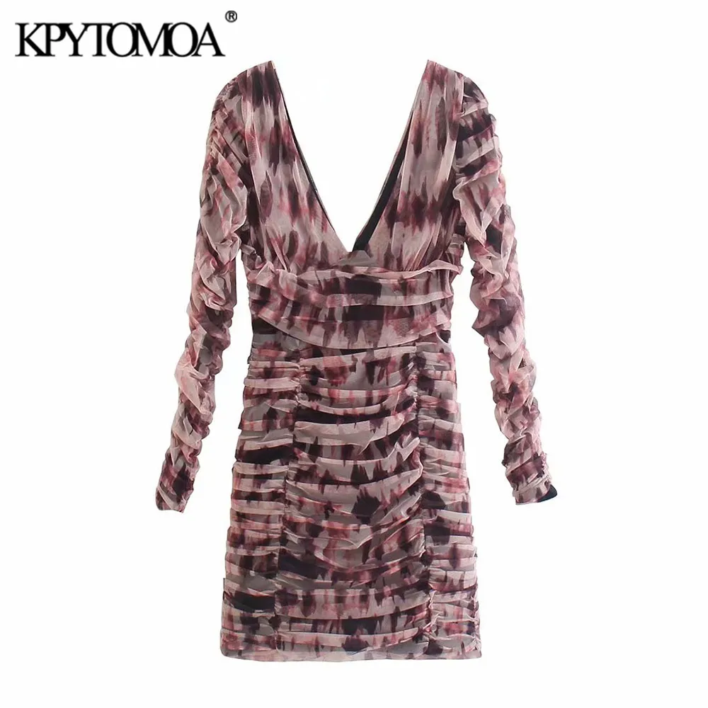 

KPYTOMOA Women 2021 Fashion With Lining Draped Tulle Mini Dress Vintage Long Sleeve Back Zipper Female Dresses Vestidos Mujer