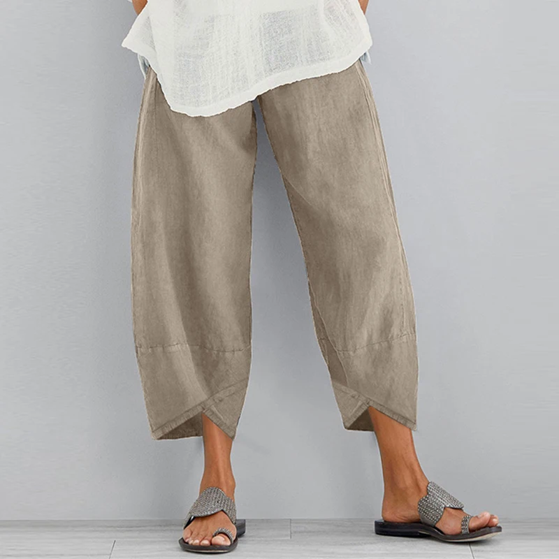 

2021 ZANZEA Vintage Cropped Pants Linen Pants Women's Autumn Tousers Casual Elastic Waist Asymmetrical Pantalon Female Oversized