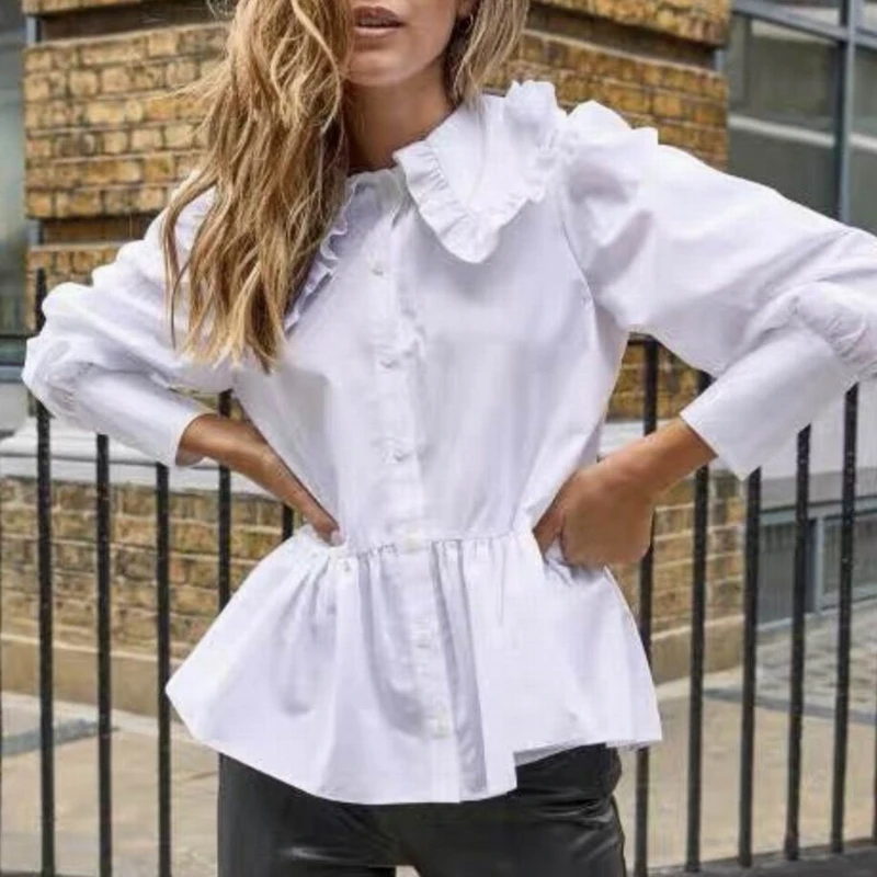 

Women White Shirt Spring 2021 New Fashion Ruffles Collar Full Sleeve Modern Lady Loose Blouse Top
