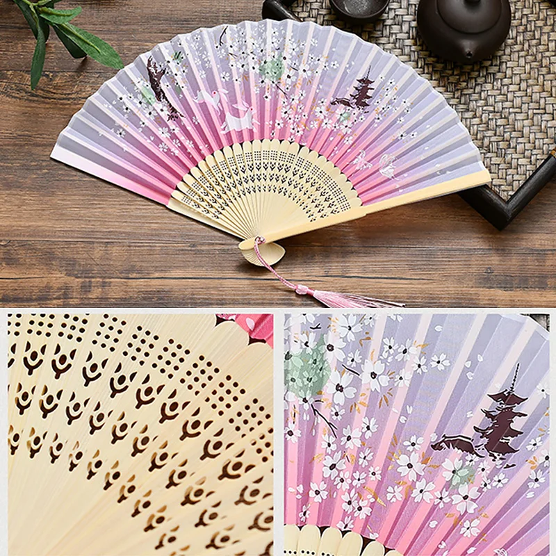 

Vintage Style Silk Folding Fan Chinese Japanese Pattern Art Craft Gift Home Decoration Ornaments Dance Hand Fan