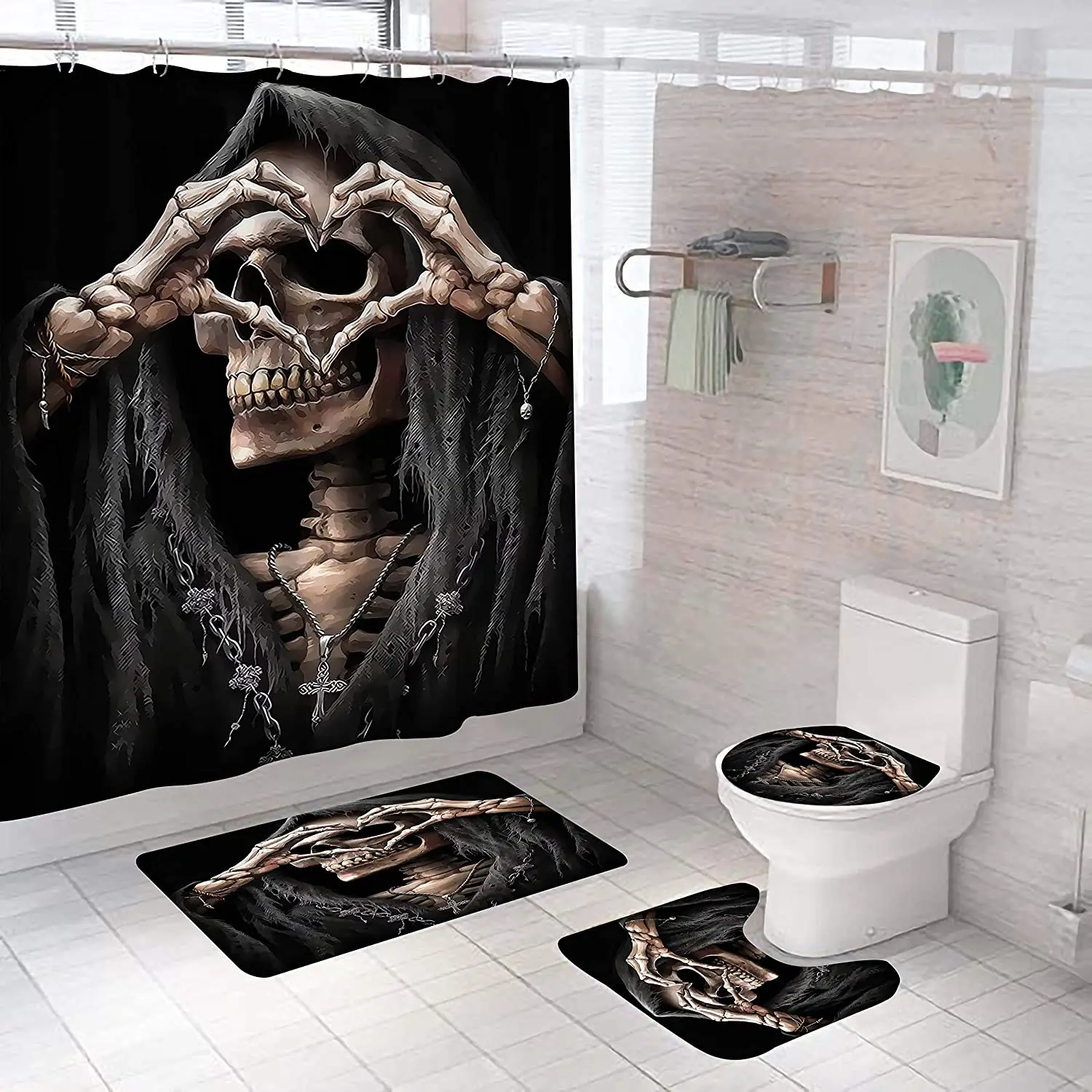 

4pcs Black Shower Curtains with Non-slip Bath Mats Toilet Lid and Bath Mat Shower Curtains with 12 Hooks for Halloween Bathroom