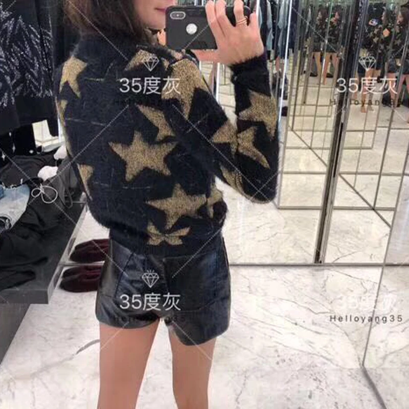 Fashion house spring 2019 fashion line stylish black sweater star mink fleece loose-fitting slim top | Женская одежда